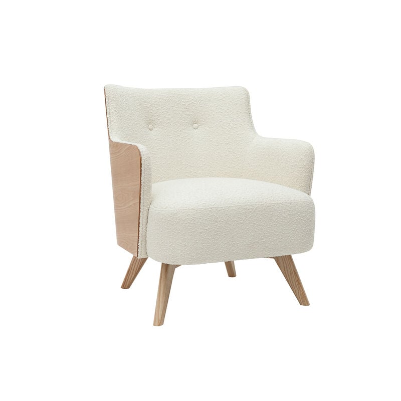 Fauteuil scandinave en tissu effet laine bouclée blanc cassé et bois clair VALMY