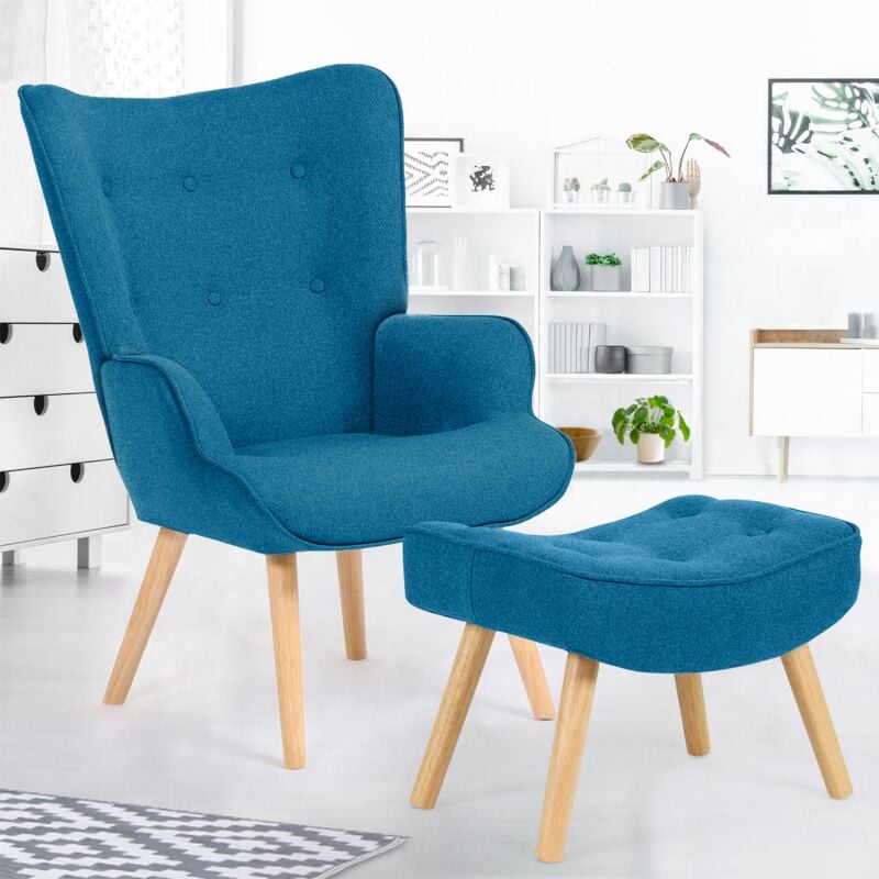 Fauteuil Scandinave Ivar Avec Repose Pieds Bleu Canard 13791