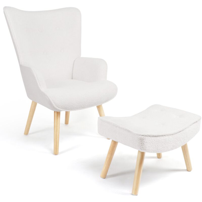 Fauteuil scandinave ivar avec repose pieds en tissu bouclette blanc