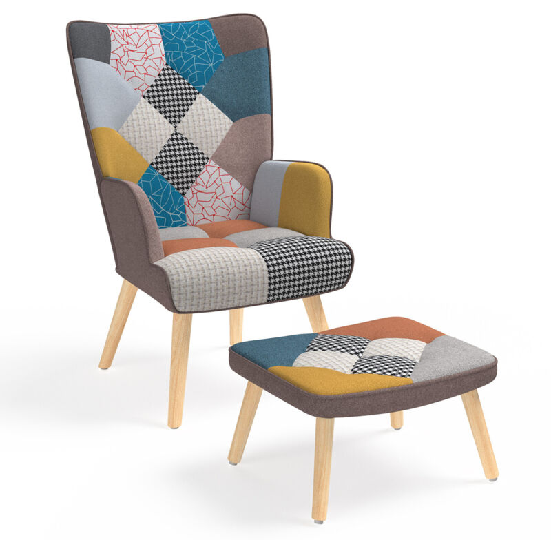 Fauteuil scandinave ivar avec repose pieds en tissu patchwork multicouleurs