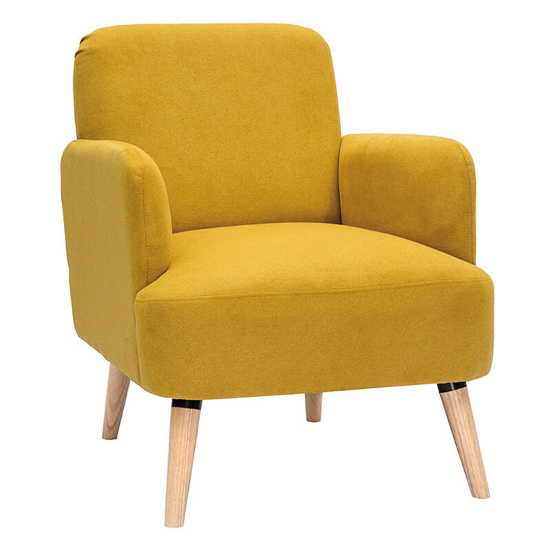 Fauteuil scandinave en tissu effet velours jaune moutarde et bois clair isko