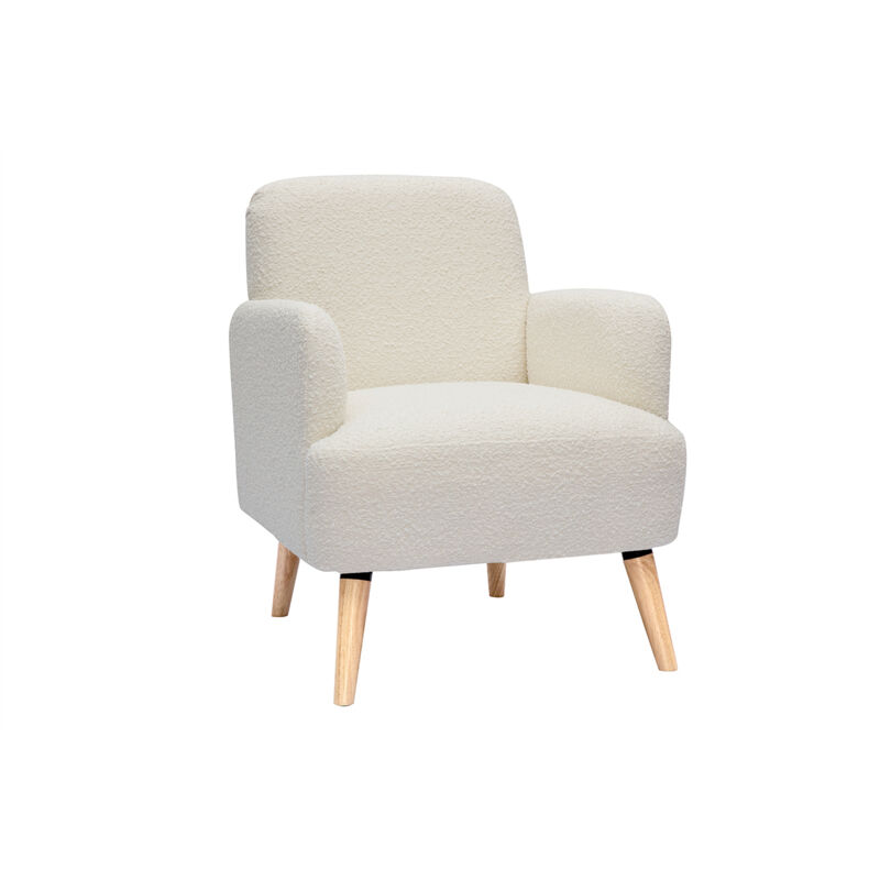 Fauteuil scandinave en tissu effet laine bouclée blanc cassé et bois clair isko