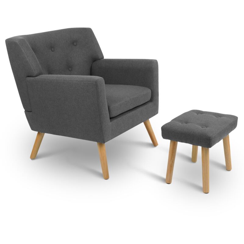 Fauteuil scandinave liv avec repose pieds en tissu gris anthracite