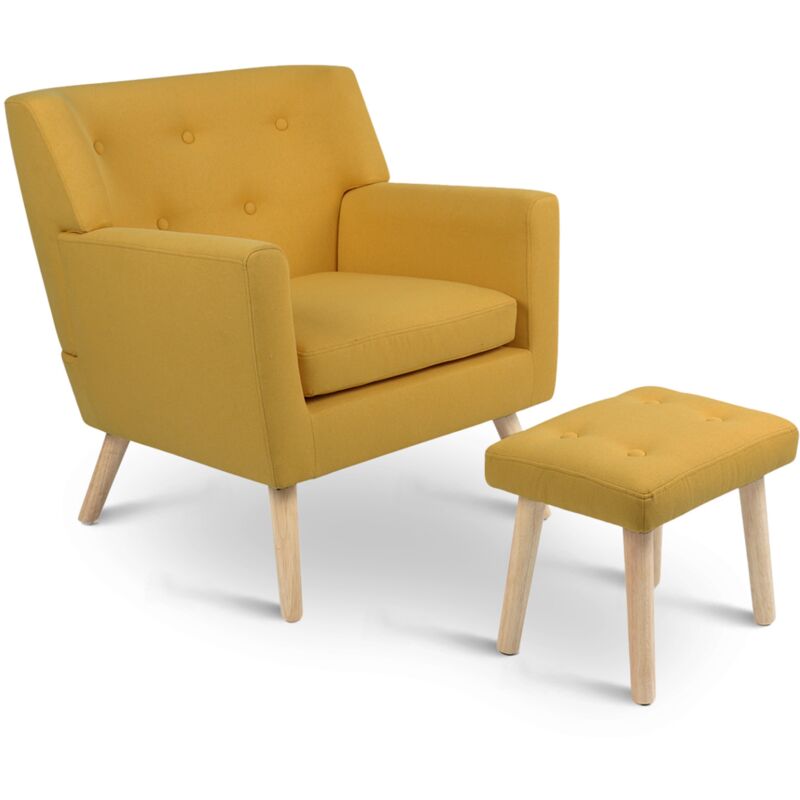Fauteuil scandinave LIV avec repose pieds en tissu jaune