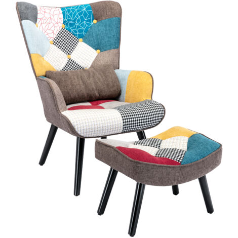 Fauteuil scandinave patchwork multicolore en tissu de lin – Rembourrage mousse haute densité – Repose-pieds et oreiller lombaire inclus – 50l x 51P x 91,5H cm