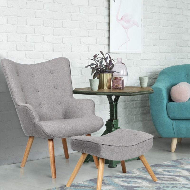 Cotecosy - Fauteuil scandinave + pouf Lylou Tissu Gris clair