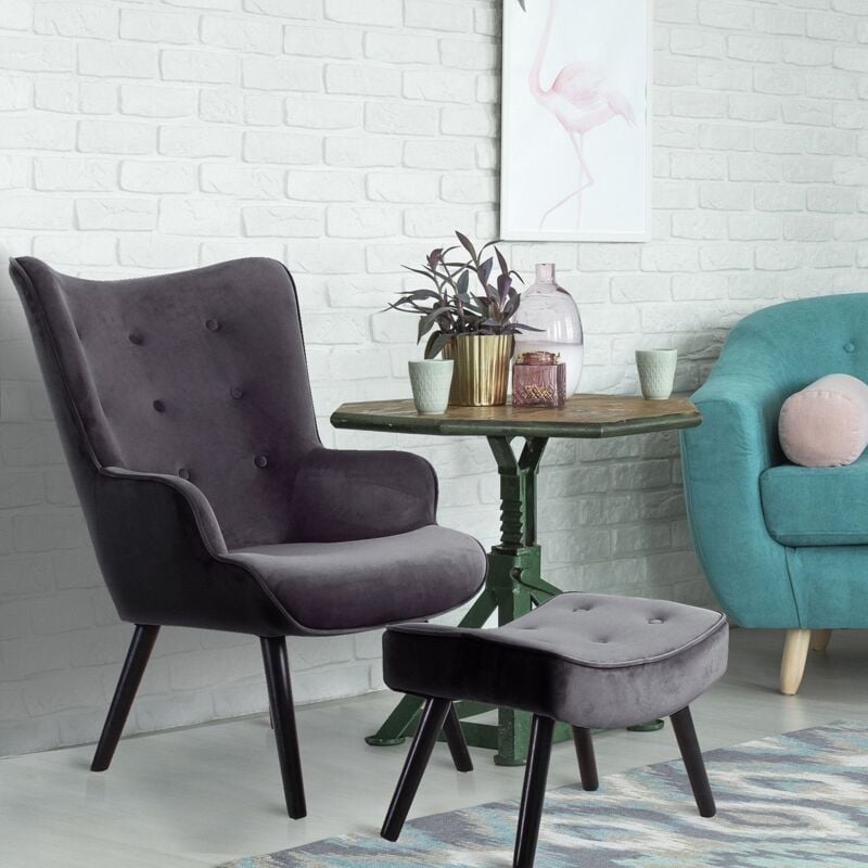 Fauteuil scandinave + pouf Lylou Velours Noir