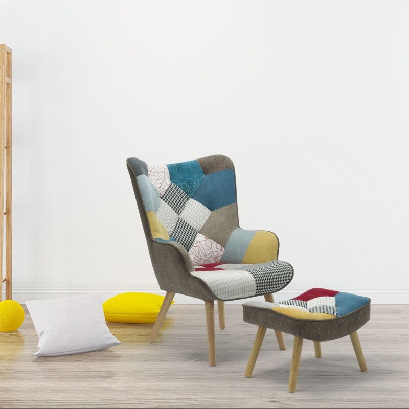 Fauteuil scandinave + pouf Lylou Tissu Patchwork Multicolore Fauteuil scandinave + pouf Lylou Tissu Patchwork Multicolore