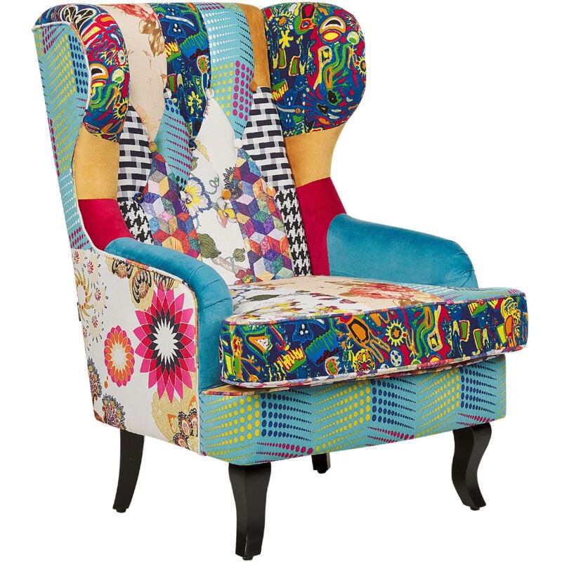 Fauteuil Style Bergère en Tissu Patchwork Multicolore Pieds Noirs Pop Art Molde