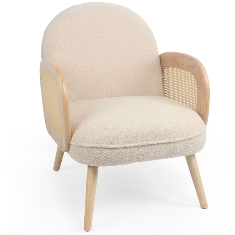 Fauteuil style bohème Rondou accoudoirs cannage et Tissu bouclette Beige