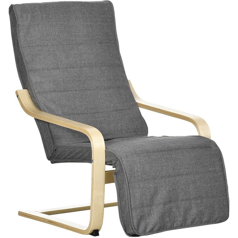 Homcom - Fauteuil style nordique - repose-pied réglable - déhoussable - bois de bouleau tissu gris