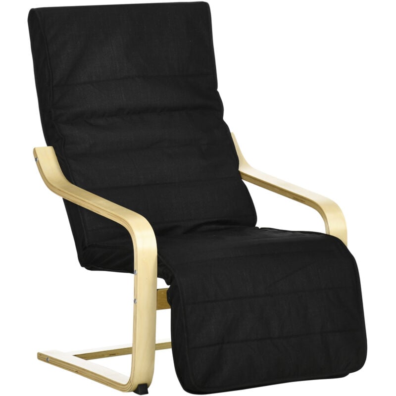 Homcom - Fauteuil style nordique - repose-pied réglable - déhoussable - bois de bouleau tissu noir