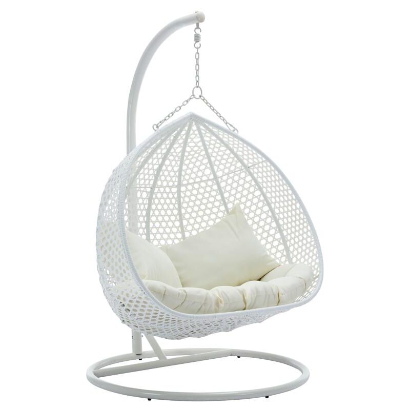 Fauteuil suspendu 2 places en résine tressée - Blanc et coussin beige - vahina de mylia