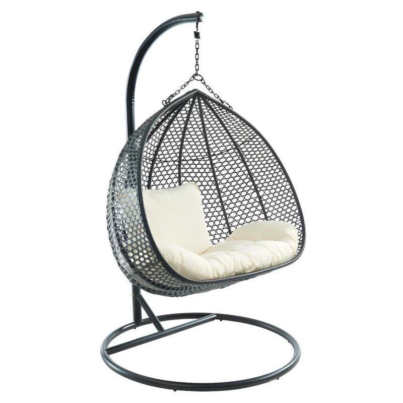 Fauteuil suspendu 2 places en résine tressée - Noir et coussin blanc - vahina de mylia