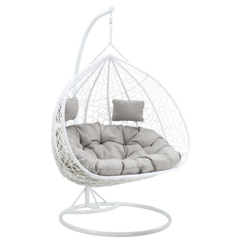Fauteuil suspendu 2 places en résine tressée - Blanc avec coussins gris - CAYAMBE de MYLIA