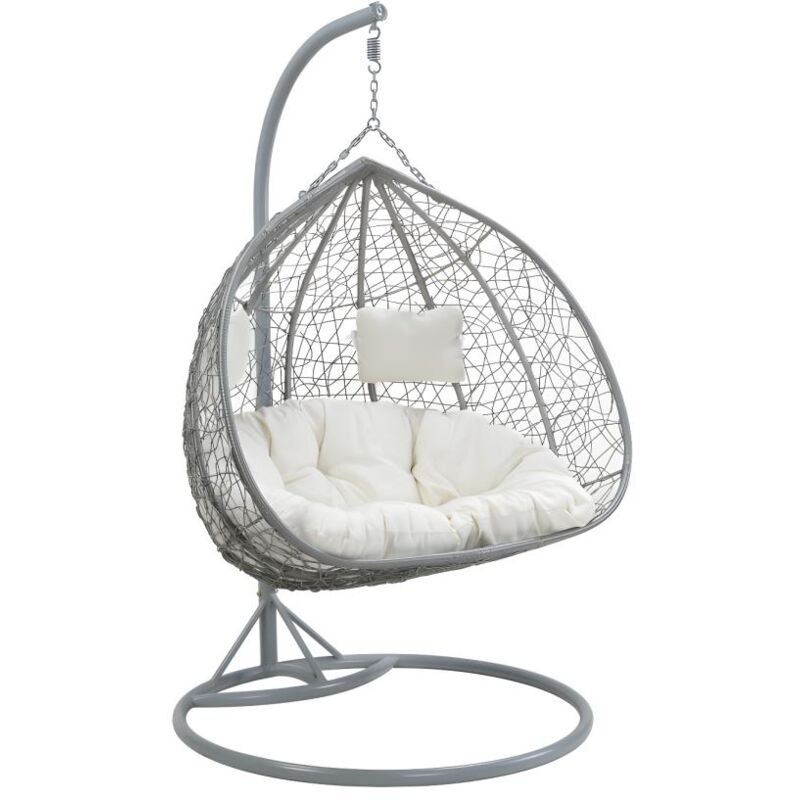 Fauteuil suspendu 2 places en résine tressée - Gris avec coussins blancs - cayambe de mylia