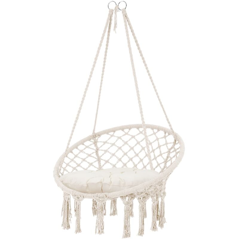 ECD Germany Fauteuil Suspendu avec Coussin, Beige, Style Boho, Design Macramé, Coton, Ø 60 cm, Supporte jusqu'à 120 kg, Franges Tressées, Siège