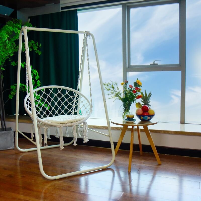 Fauteuil Suspendu à Franges Chaise balancoire siège Suspendu macramé avec Coussins et Pied en Fer pour Interieur et extérieur, Max 100kg,83 x 103 x