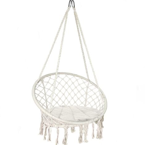 Fauteuil suspendu bohème 2 coussins gris design macramé