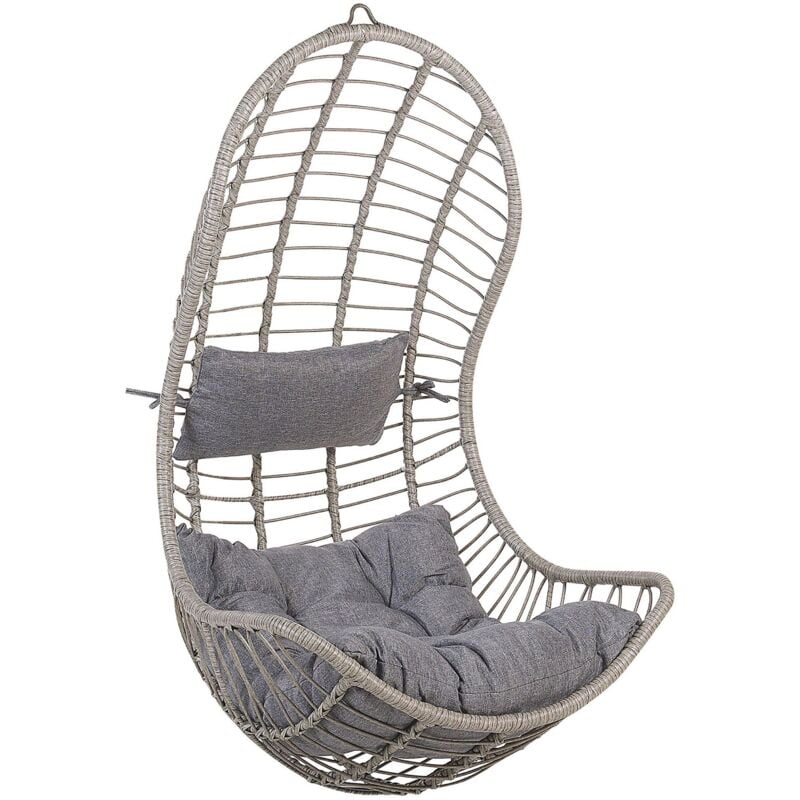 Beliani - Fauteuil Suspendu Design en Résine Tressée Grise avec Coussin Assorti Idéal pour Salon ou Terrasse au Style Boho et Moderne
