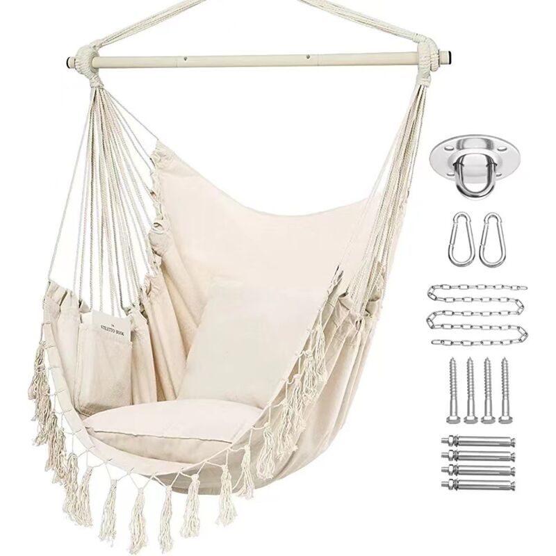 Fauteuil suspendu bohème 2 coussins écru design macramé
