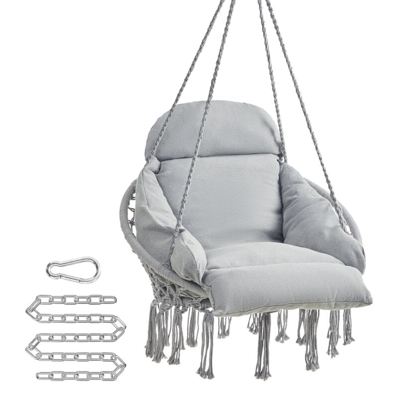 Fauteuil Suspendu, Chaise avec Coussin, Déco Maison Cocooning, Bohème, Chambre, Terrasse, Balcon, Jardin, Capacité 120 kg, Accessoires Inclus, Gris