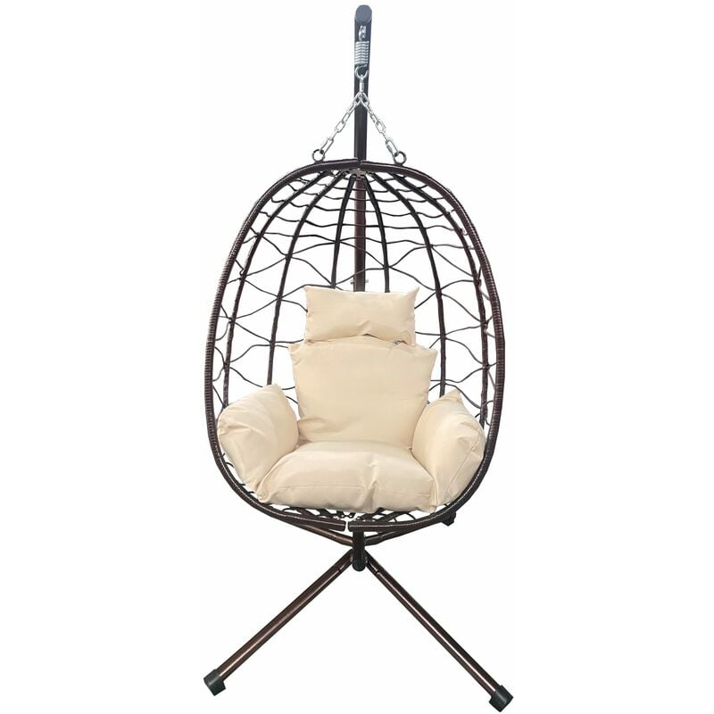 Fauteuil suspendu de jardin, chaise balançoire hamac pour extérieur, structure en métal, coussin rembourré et appuie-tête, couleur marron