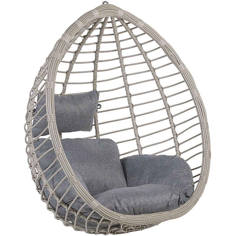 Fauteuil Oeuf Suspendu Design en Rotin Gris avec Coussin Assorti Idéal pour Salon ou Terrasse au Style Boho et Moderne Beliani