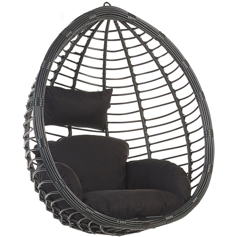 Beliani - Fauteuil Oeuf Suspendu Design en Rotin Noir avec Coussin Assorti Idéal pour Salon ou Terrasse au Style Boho et Moderne
