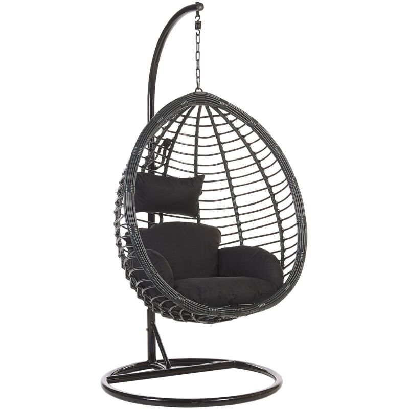 Beliani - Fauteuil Oeuf Suspendu Design en Rotin Noir avec Support en Acier et Coussin Assorti Idéal pour Salon ou Terrasse au Style Boho et Moderne