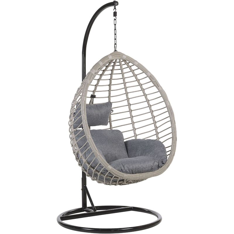 Fauteuil Oeuf Suspendu Design en Rotin Gris avec Support en Acier Noir et Coussin Idéal pour Salon ou Terrasse au Style Boho et Moderne Beliani