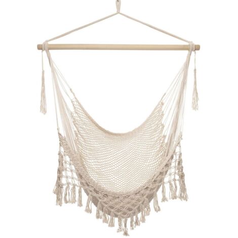 fauteuil suspendu en corde de coton macramé style bohème avec franges et structure en filet pour usage interieur et exterieur ideal pour la photographie et la détente