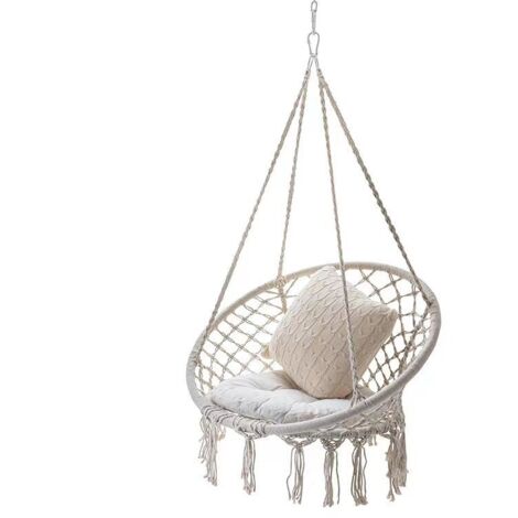 fauteuil suspendu en corde de coton pour exterieur avec franges design macramé couleur blanc crème dimensions hauteur 120 cm grand cercle 80 cm petit cercle 60 cm pour détente et loisirs