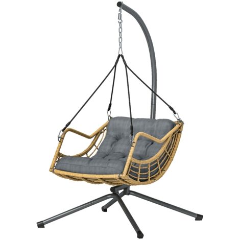 Fauteuil suspendu en résine tressée avec support, chaise suspendue, coussin, attache de sécurité, hauteur réglable, gris