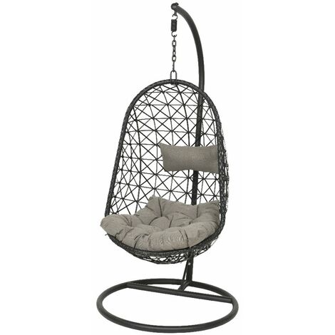 Fauteuil suspendu en résine tressée noir – 1 place – Coussins inclus – Dimensions Ø95 x H195 cm – Confort optimal pour extérieur – Jardideco