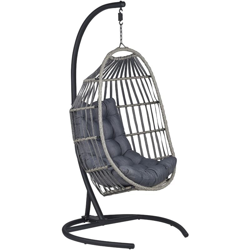Fauteuil Suspendu Design en Rotin Gris avec Support et Forme d'Oeuf Idéal pour Salon ou Terrasse au Style Boho et Moderne Beliani