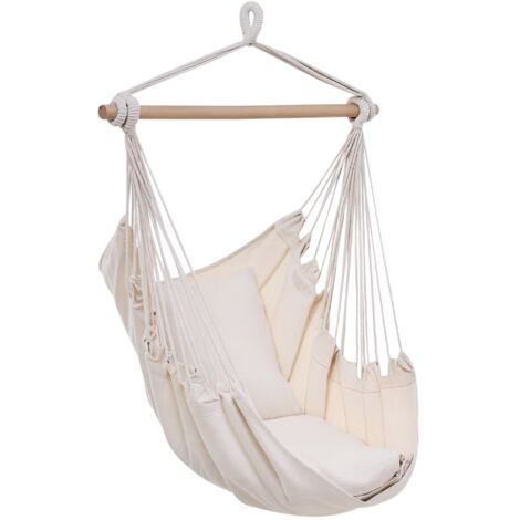 Fauteuil suspendu extérieur chaise hamac avec 2 coussins, intérieur et extérieur, en tissu coton mélangé, crème