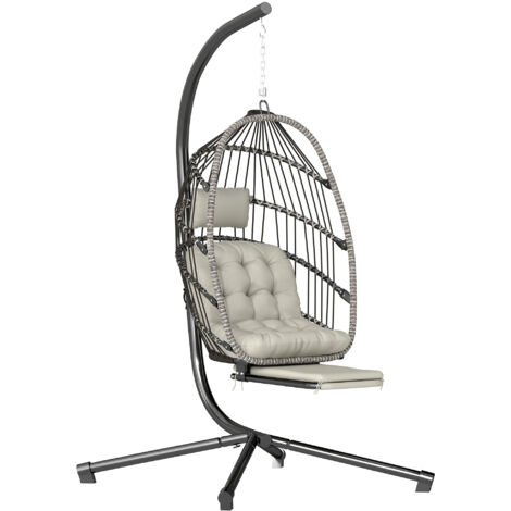 Fauteuil suspendu gris clair avec support, chaise pliante, repose-pieds rétractable.