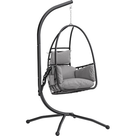 Fauteuil suspendu gris foncé en forme d'œuf avec support pliable de type panier, appui-tête, coussin, poche latérale et capacité de charge de 120 kg.