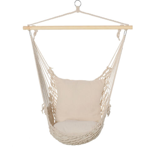Fauteuil suspendu intérieur et extérieur, chaise hamac balançoire avec coussins, tressé coton, charge 120 kg, blanc