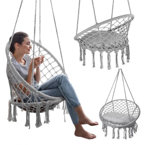 Fauteuil suspendu nid de cigogne, hamac, style bohème, balancelle avec coussin, gris KR33SZ