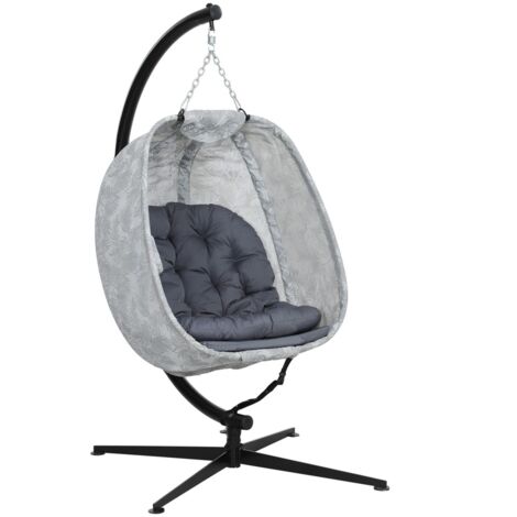 Fauteuil suspendu œuf gris - Balancelle hamac pliable 1 personne avec coussin et support pour intérieur/extérieur 126x90x180cm