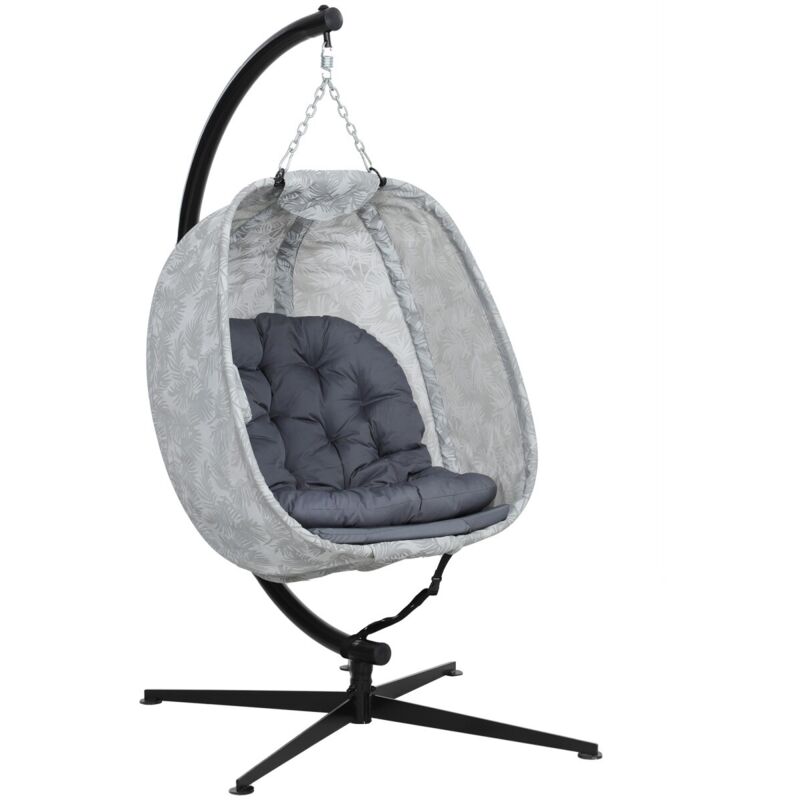 Fauteuil suspendu œuf gris - Balancelle hamac pliable 1 personne avec coussin et support pour intérieur/extérieur 126x90x180cm