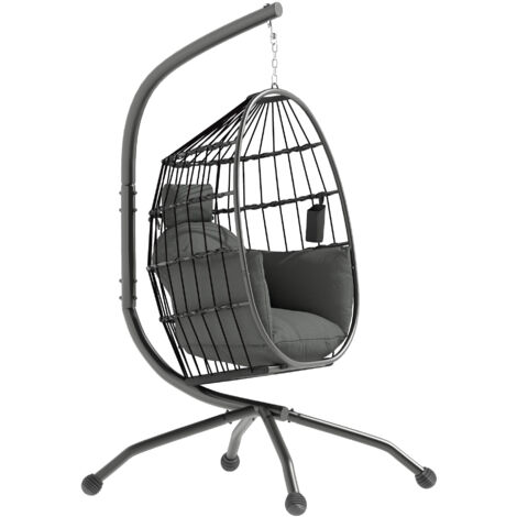 Fauteuil suspendu œuf pliable avec coussin, porte-gobelet, 120x88x192cm, gris foncé