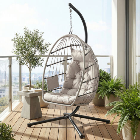 Fauteuil Suspendu Pliable à Hauteur Réglable, avec Coussin, pour Jardin, Balcon, Blanc