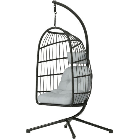 Fauteuil suspendu pliable en résine tressée avec coussin, ceinture de sécurité, appui-tête et sangles réglables en hauteur