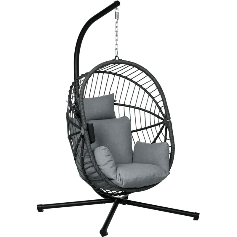 Fauteuil suspendu pliable - fauteuil de jardin suspendu avec coussin - acier noir cordage PP gris