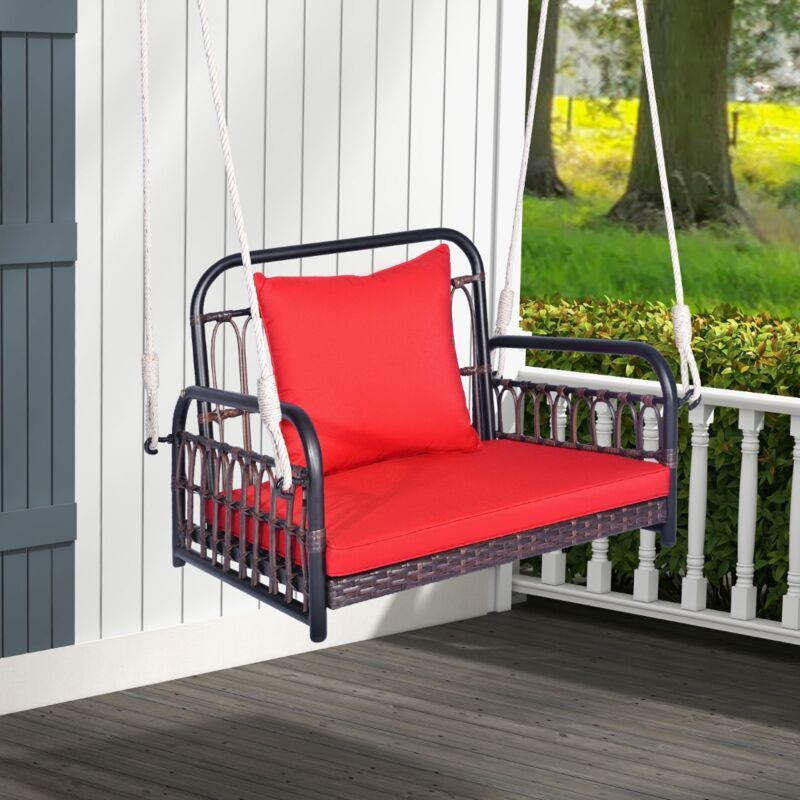 Design In - Fauteuil Suspendu Rotin pe 2 Cordes Crochets Métal Coussins Rouge CW28860