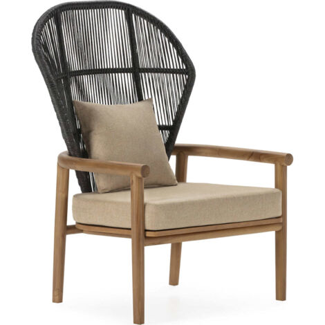 Fauteuil teck et corde design naturel graphite beige élégant - Beige naturel et graphite bois clair