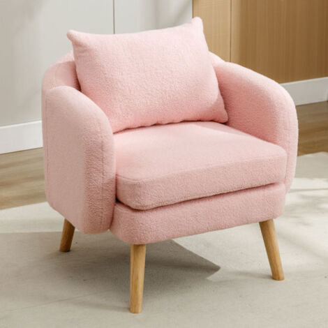 Fauteuil teddy rembourré avec coussin épais, siège d’appoint pour salon, pieds en bois massif, rose